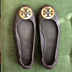 Tory Burch Diamond Stitched Soft Chocolate Brown Leather Ballet Flats Size 9